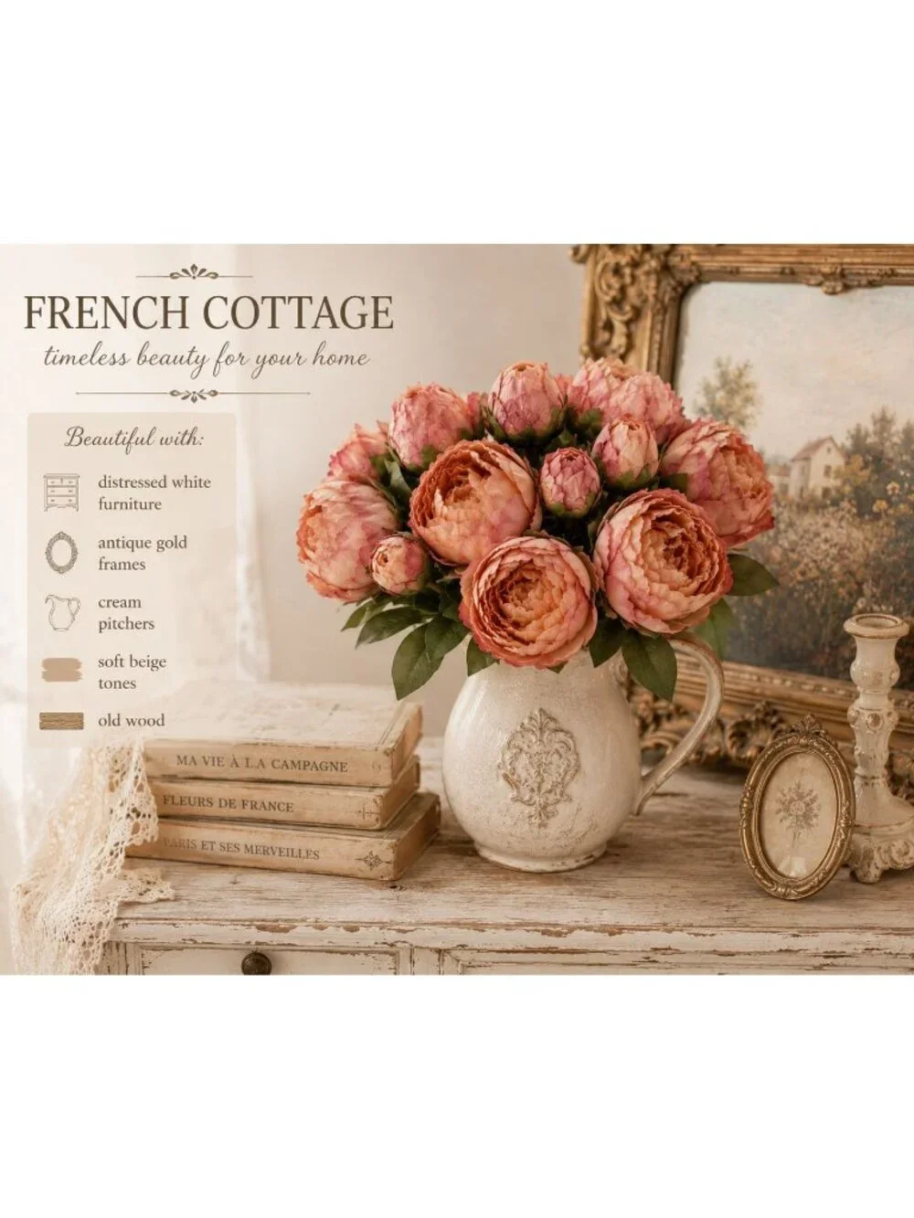 Blush Pink Faux Peony Bouquet Artificial Flowers French Cottage Cottagecore Wedd